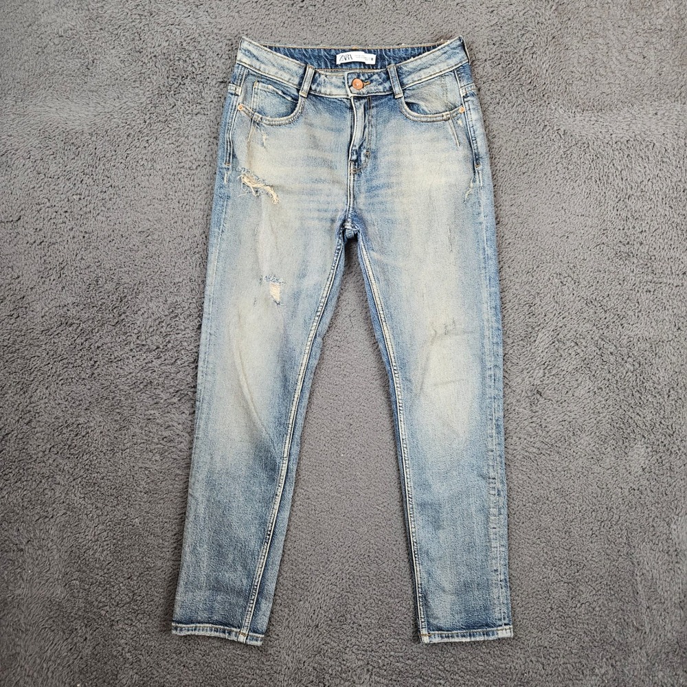 Zara Womens Light Wash Distressed Slim Tapered Jeans Blue Size 2 US‎ 24